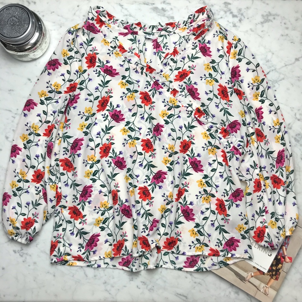 Old Navy White Pink Floral Print Ruffle Top Blouse